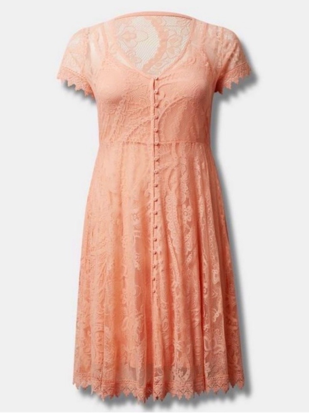 Peach Lace Button-Front Midi Dress (with lining), Size L, NWT